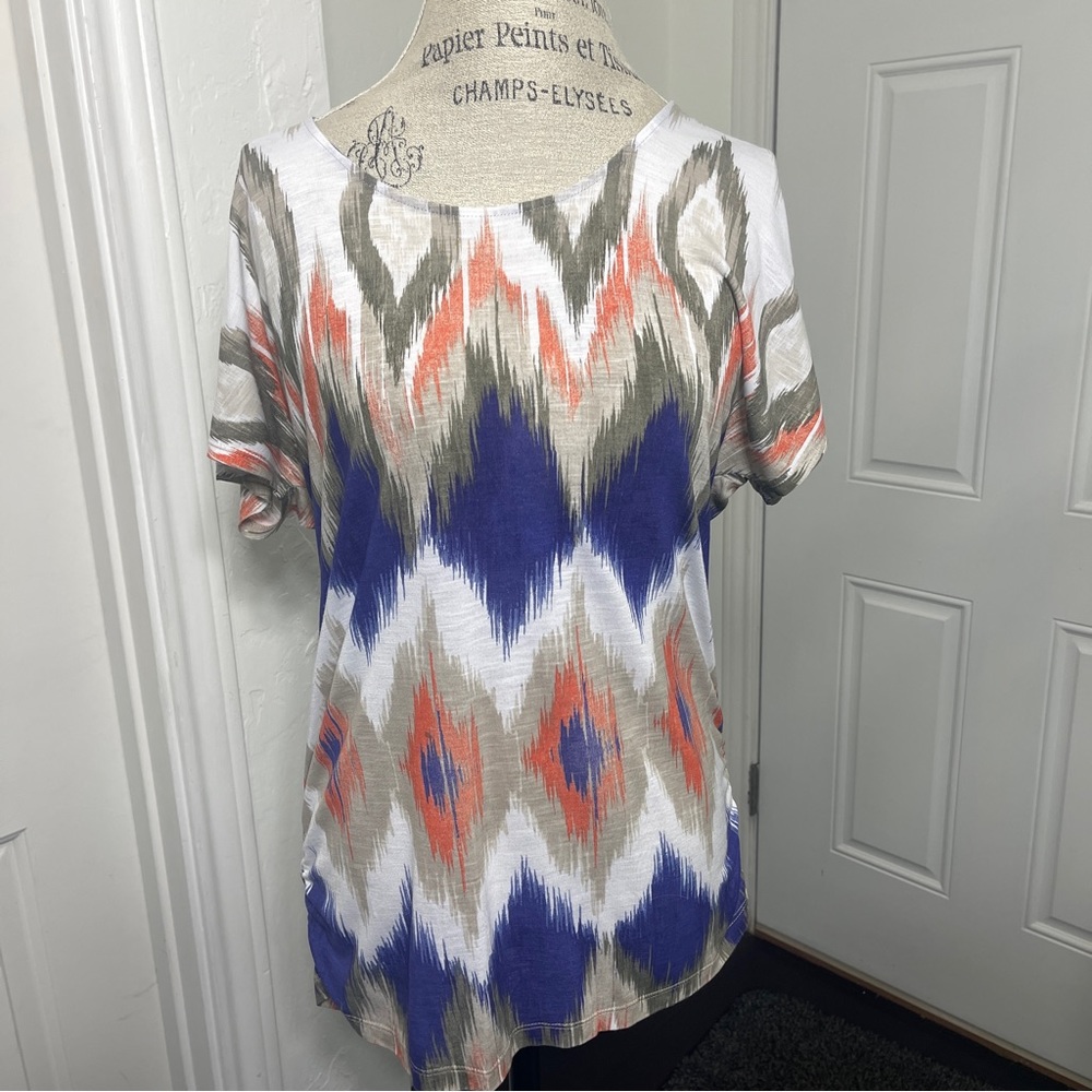 Chico's White w/ Purple & Orange Abstract Diamonds Tee - Size 1